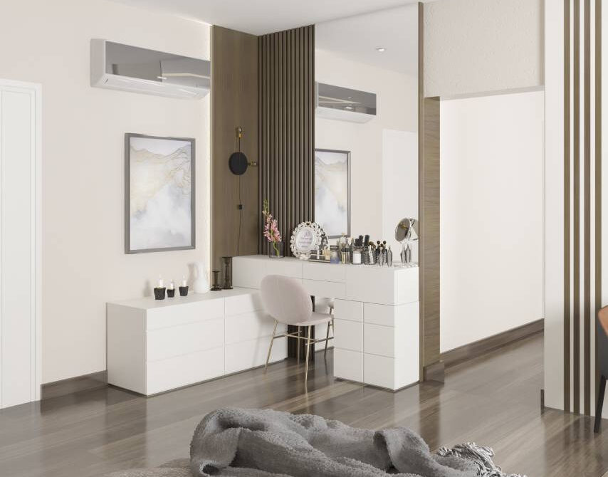 Stylish vanity area interior design with a minimalist white desk, elegant golden mirrors, and chic accessories, providing a perfect blend of functionality and fashion.
