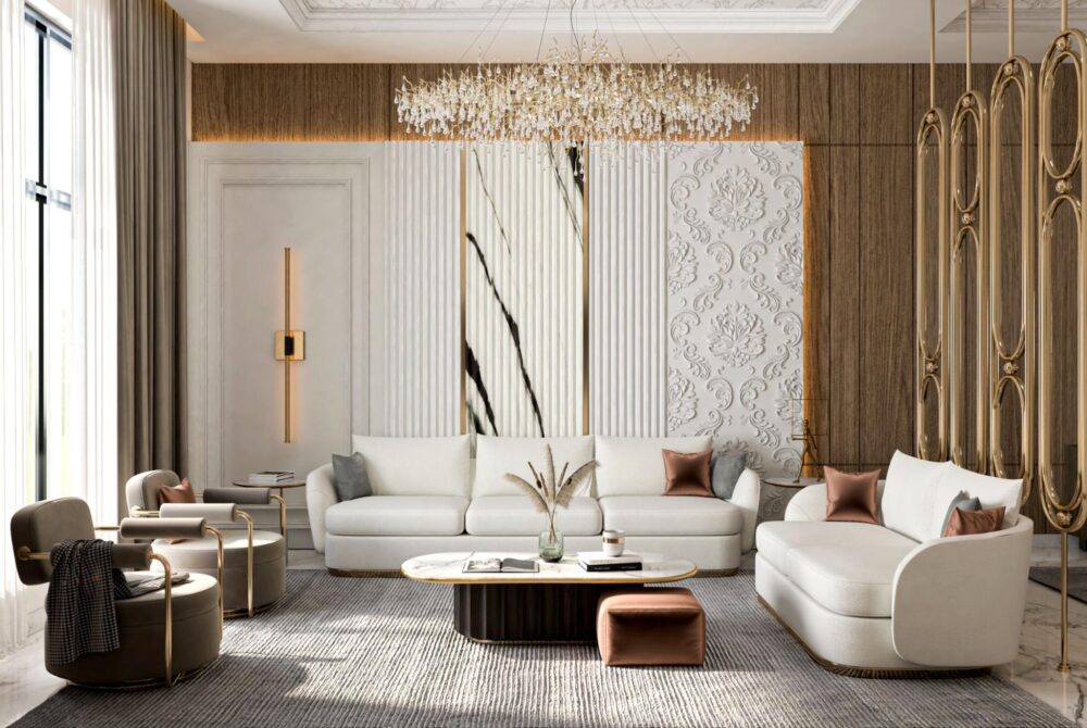 Luxurious living room interior design with golden accents and white plush sofas surrounded by ornate decorations and a stunning chandelier, epitomizing sophistication and comfort.