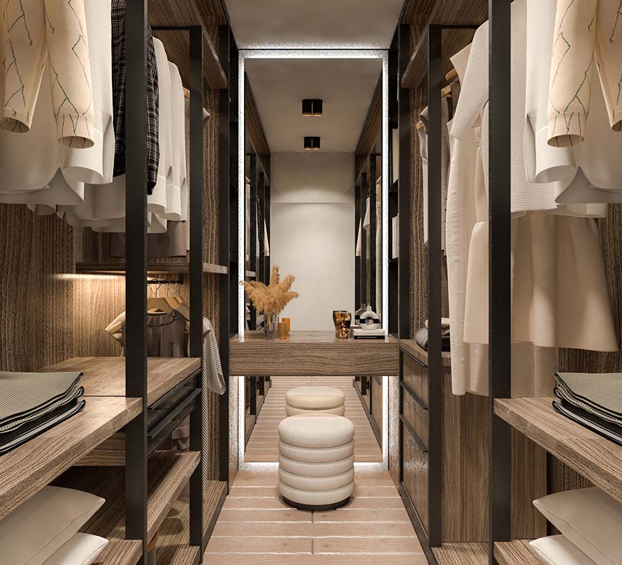Chic and narrow walk-in wardrobe with textured wooden shelves, highlighted by soft lighting and mirrored surfaces, epitomizing smart interior design solutions.