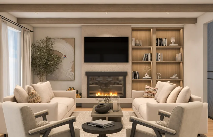 living room interior design with white sofas and armchairs arranged around a modern fireplace, surrounded by built-in bookshelves and subtle decor, creating a warm and inviting atmosphere.