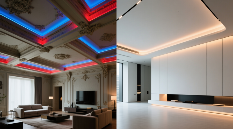 Comparison showing outdated Gypsum Board ceiling vs modern Shadow Gap trend for 2025 interior design in Egypt