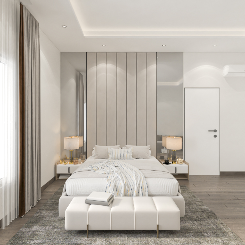 Luxury hotel style bedroom design with mirrored panels and warm lighting