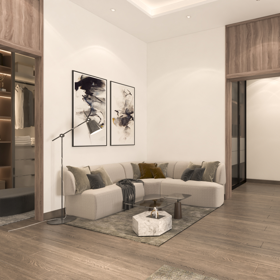 Minimalist reading nook in a luxury hotel style bedroom