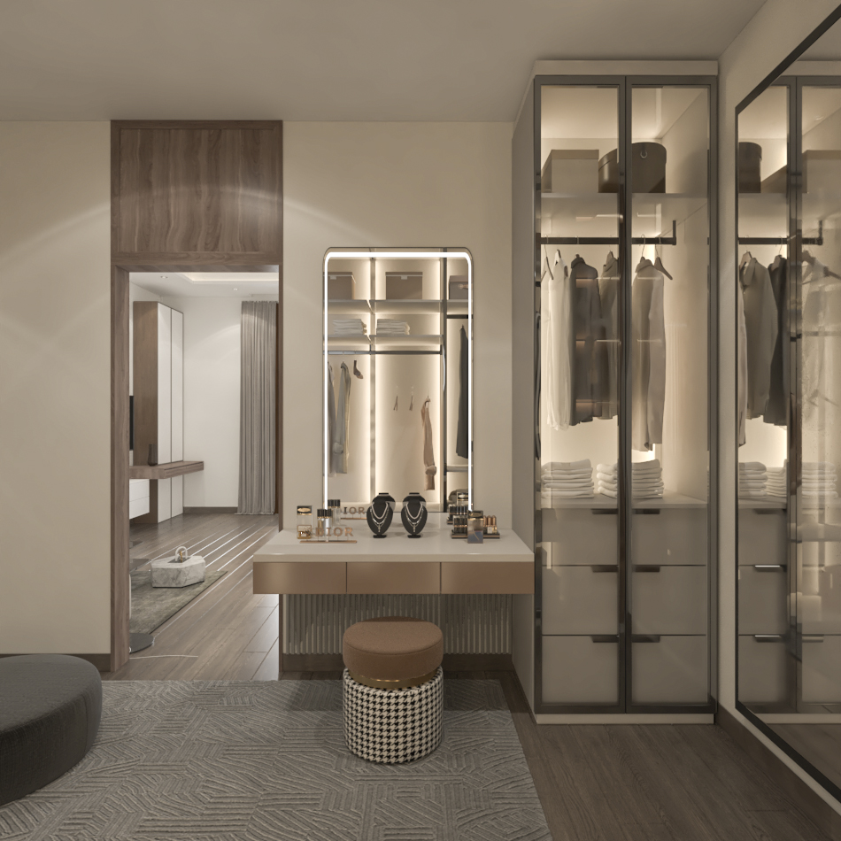 Vanity makeup station with Hollywood mirror in master suite