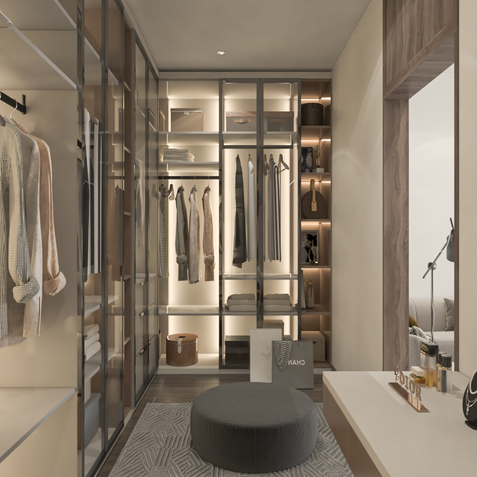 Walk-in closet with glass doors in a luxury hotel style bedroom