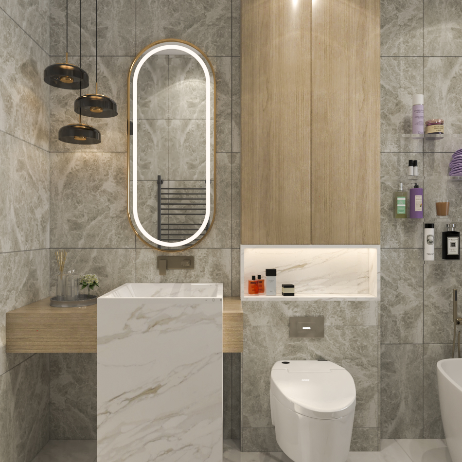 Modern marble and wood floating bathroom vanity design