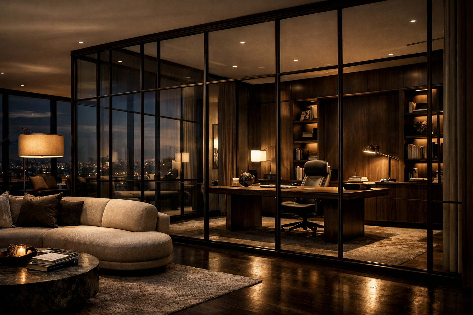 Acoustic wood paneling detail with hidden lighting for sound absorption