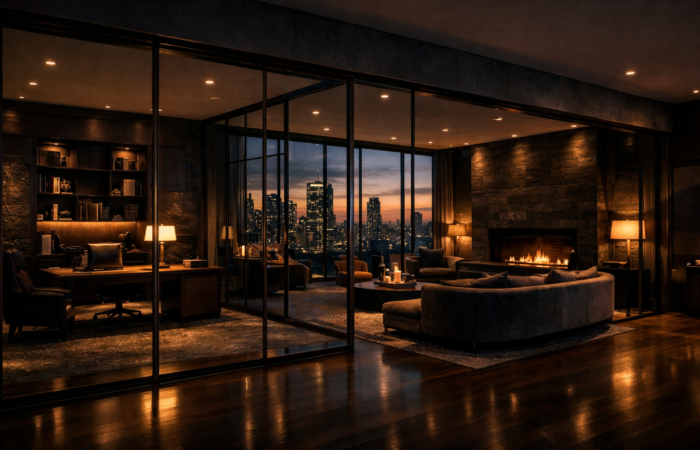 Contemporary open-plan living room with floor-to-ceiling glass partitions and warm lighting, interior design concept