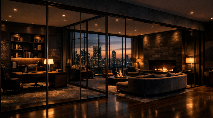 Contemporary open-plan living room with floor-to-ceiling glass partitions and warm lighting, interior design concept