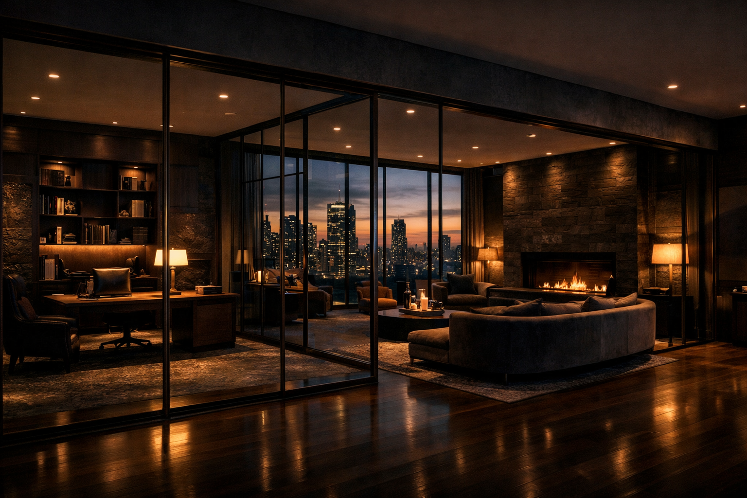 Contemporary open-plan living room with floor-to-ceiling glass partitions and warm lighting, interior design concept