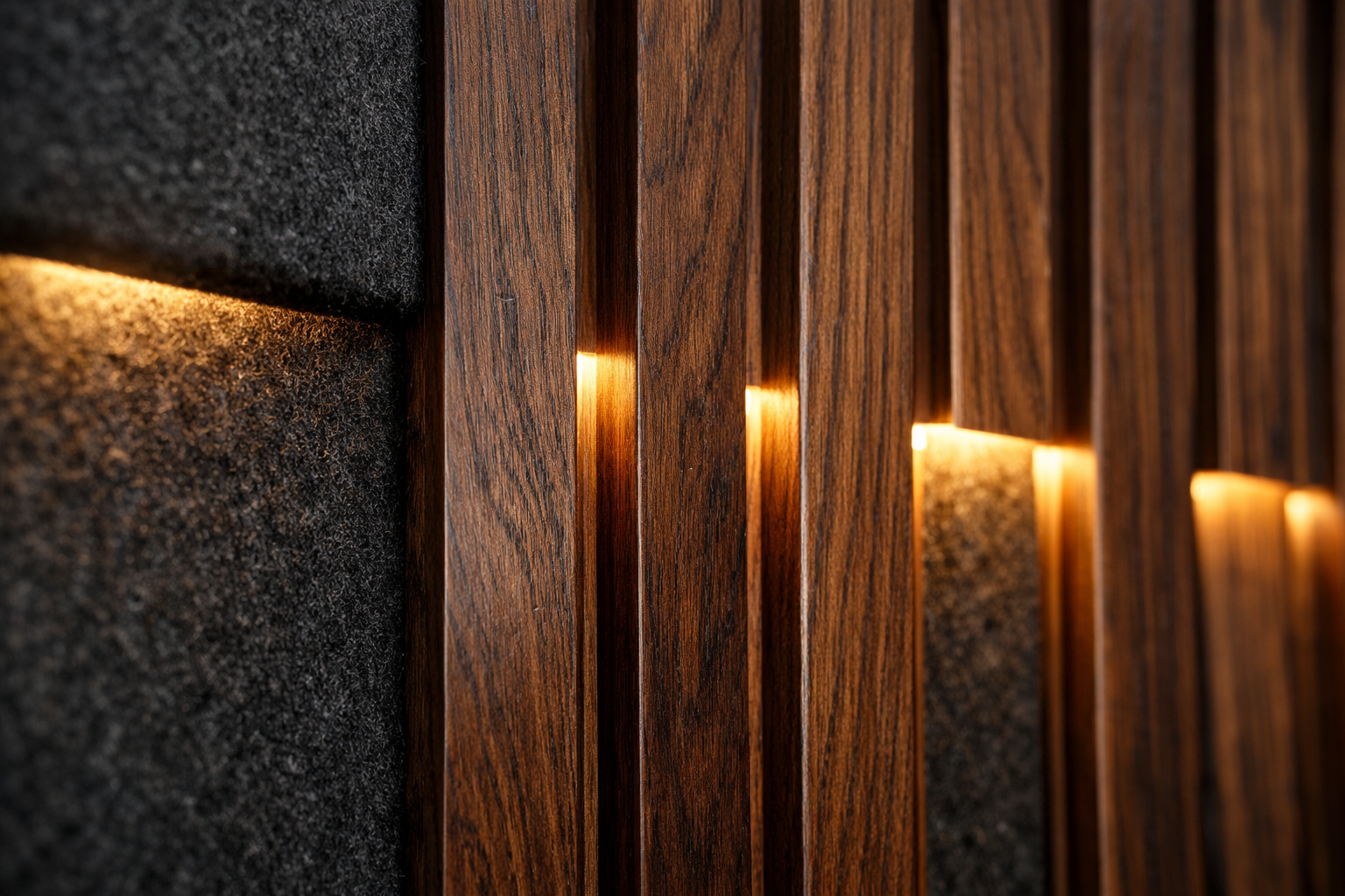 Acoustic wood paneling detail with hidden lighting for sound absorption
