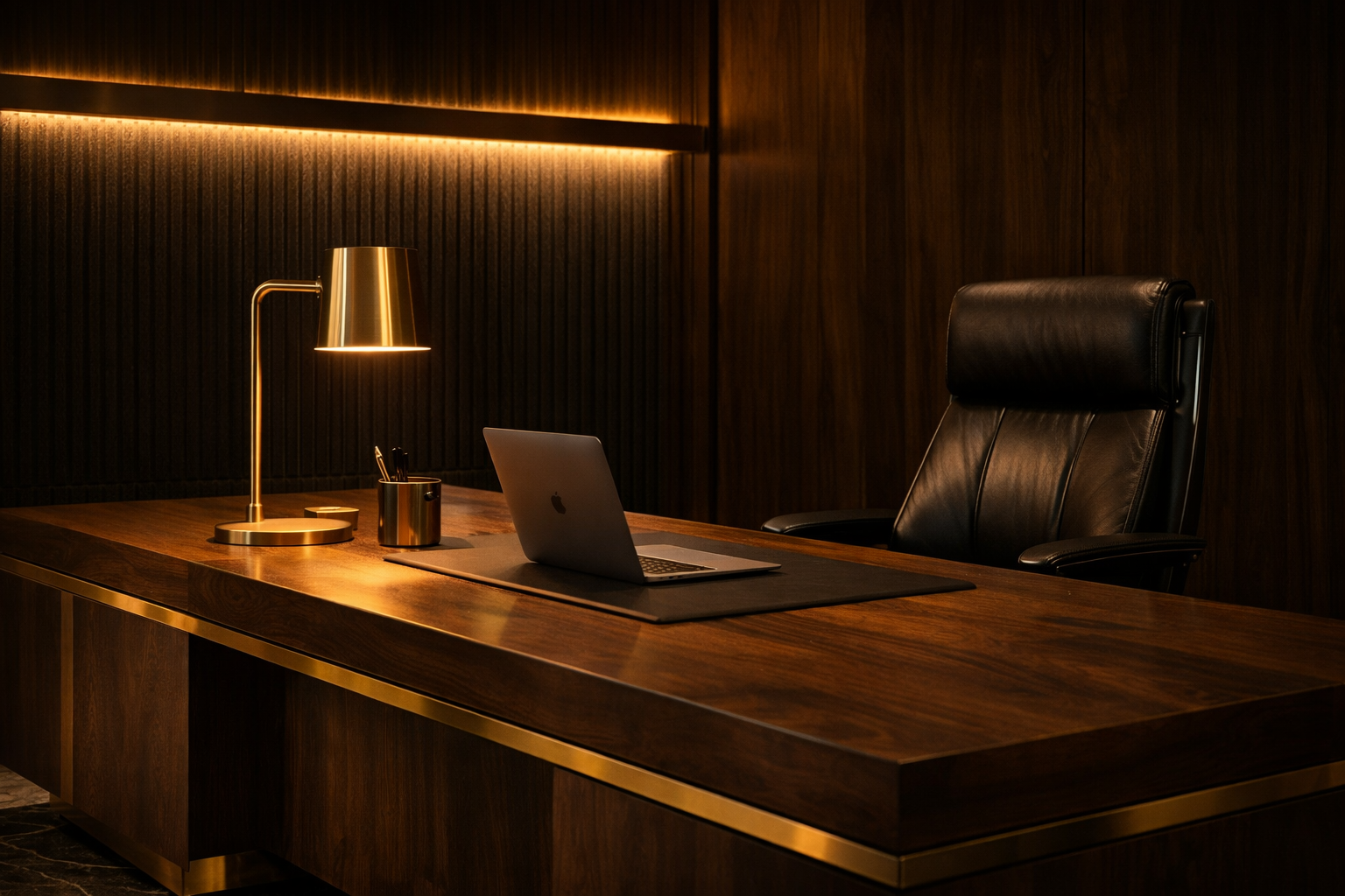 Executive office design concept with a dark timber desk, leather chair and warm concealed lighting