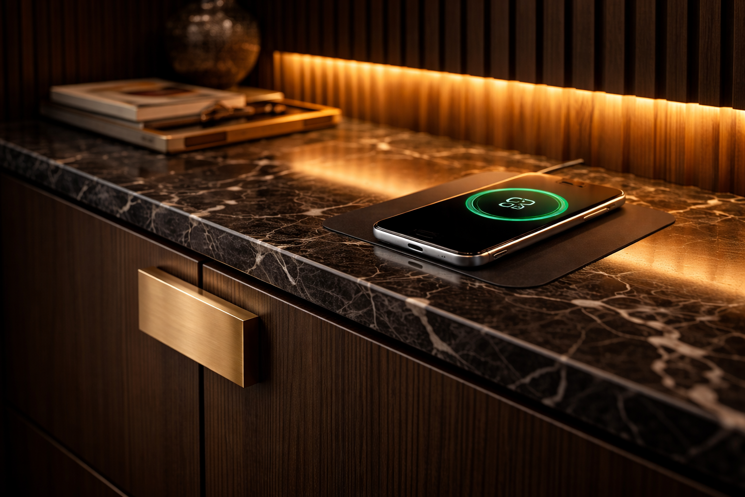 Wireless charging pad recessed into a dark marble office countertop