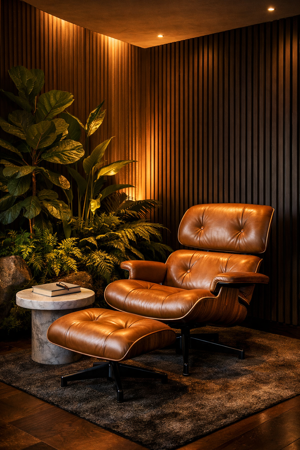 Executive wellness lounge concept with a leather recliner, timber slat walls and plants