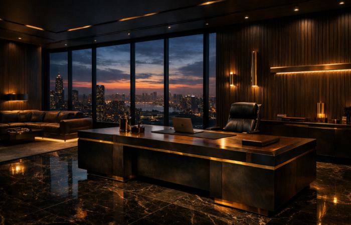 Luxury executive office with expansive windows and a city skyline at dusk, interior design concept