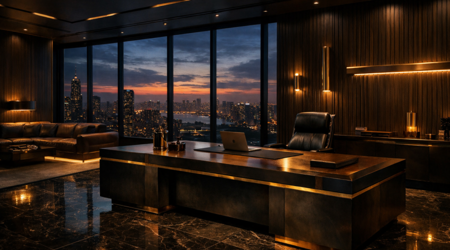 Luxury executive office with expansive windows and a city skyline at dusk, interior design concept