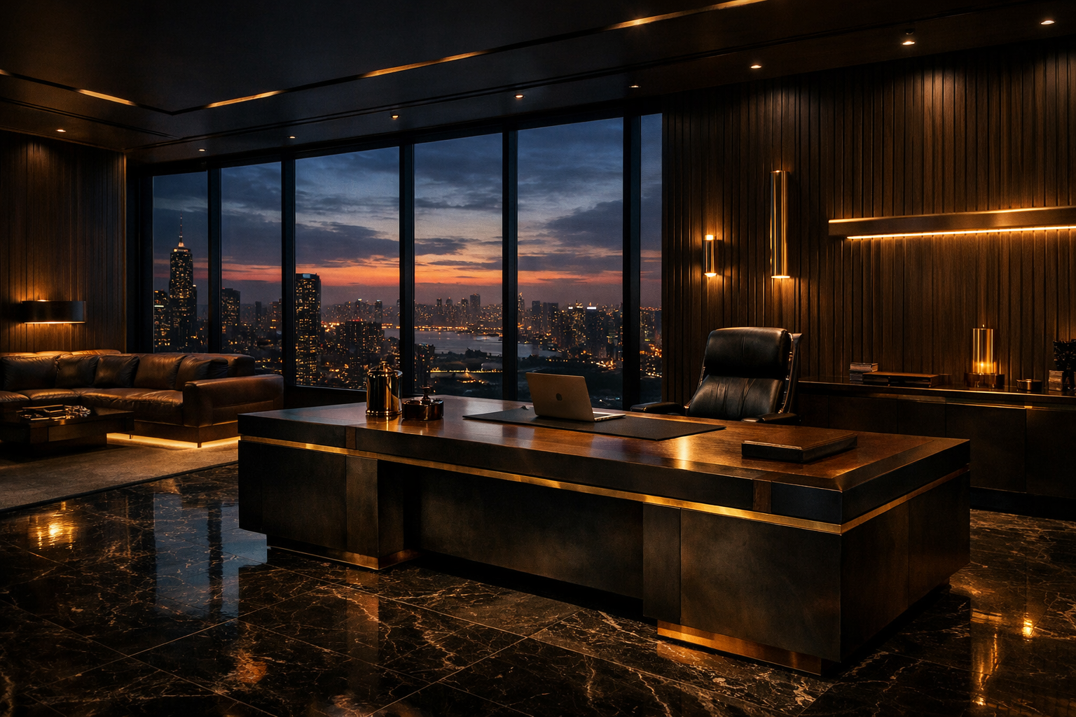 Luxury executive office with expansive windows and a city skyline at dusk, interior design concept